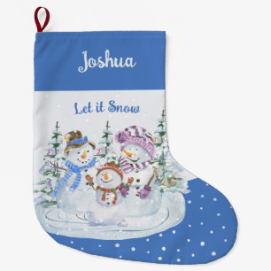Laat het Snow Happy Snowman Family Blue Grote Kerstsok
