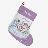 Laat het Snow Happy Snowman Family Lavender sneeuw Grote Kerstsok (Voorkant (Hangend))