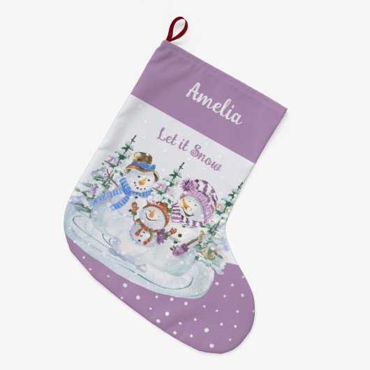 Laat het Snow Happy Snowman Family Lavender sneeuw Grote Kerstsok (Voorkant (Hangend))