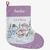 Laat het Snow Happy Snowman Family Lavender sneeuw Grote Kerstsok (Voorkant)