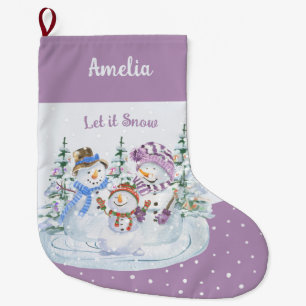 Laat het Snow Happy Snowman Family Lavender sneeuw Grote Kerstsok