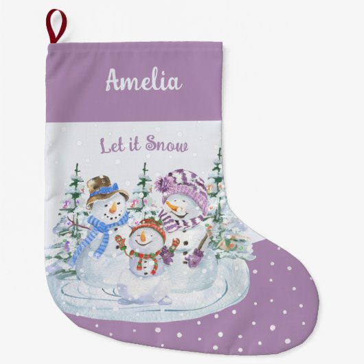 Laat het Snow Happy Snowman Family Lavender sneeuw Grote Kerstsok (Voorkant)