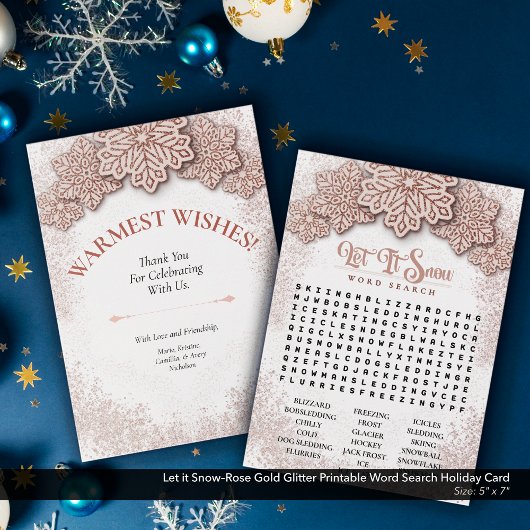 Laat het Snow-Roos Gold Printable Word Search Feestdagenkaart