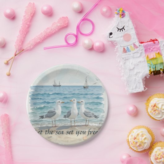 Laat het Zee je bevrijden - Strand en Zeemeeuw Wat Papieren Bordje (Feest)