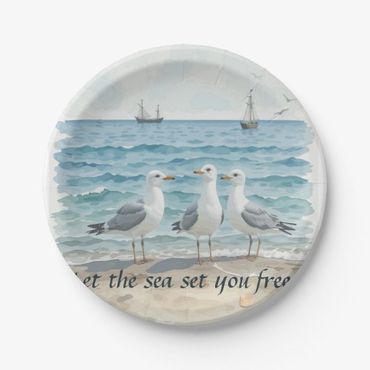 Laat het Zee je bevrijden - Strand en Zeemeeuw Wat Papieren Bordje (Voorkant)