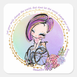 Laat je glimlach de wereldrolstoelvrouw veranderen vierkante sticker