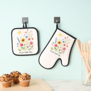 Laat je licht bloemen en zon schijnen ovenwant & pannenlap set