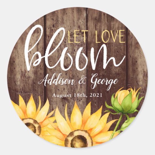 Laat liefde bloeien zonnebloem bruiloft gunst ronde sticker (Voorkant)