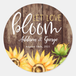 Laat liefde bloeien zonnebloem bruiloft gunst ronde sticker