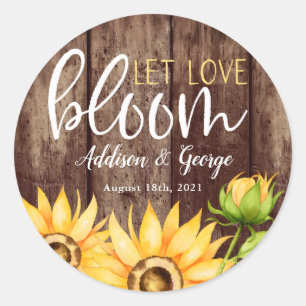 Laat liefde bloeien zonnebloem bruiloft gunst ronde sticker