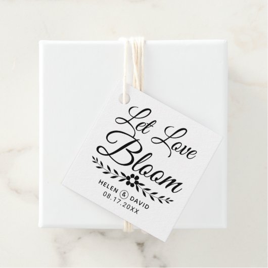 Laat liefde bloeien zwarte typografie bloem bruilo bedankjes labels (In situ)