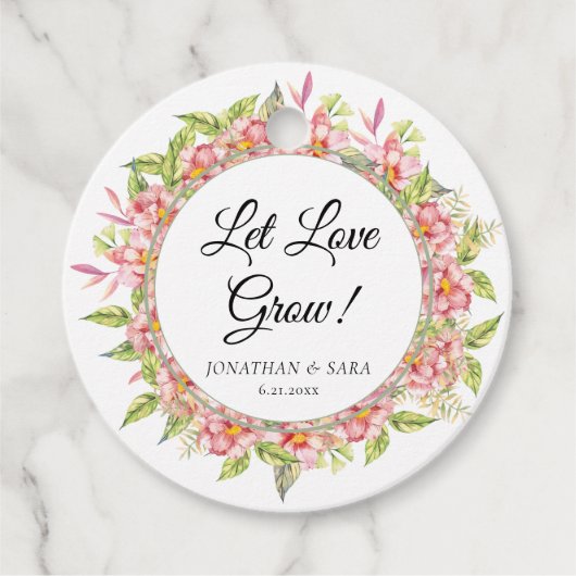 Laat Liefde Grow Roze Bloemen en Sage Bruiloft Bedankjes Labels (Voorkant)