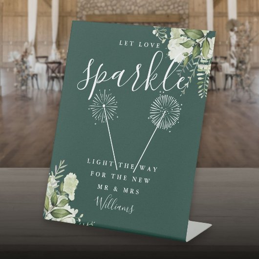 Laat liefde sparkle bloemensmaragd bruiloft reclamebord met voetstuk