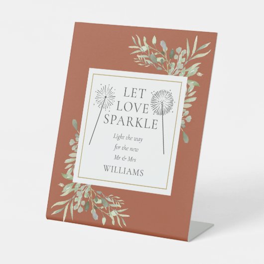 Laat liefde sprankelen groen terracotta bruiloft reclamebord met voetstuk (Voorkant)