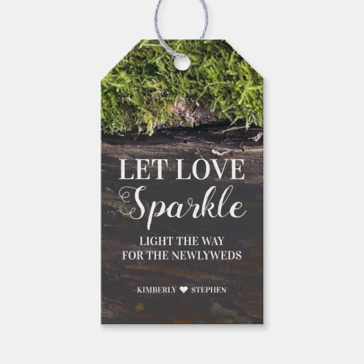 Laat liefde sprankelen rustieke houten bruiloft cadeaulabel (Voorkant)
