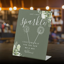 Laat Liefde Twinkelen Bloemige Olijfgroene Trouw Reclamebord Met Voetstuk