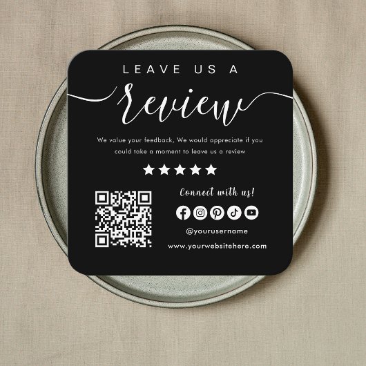 Laat ons een Review QR Code Social Media Logo Zwar Vierkante Visitekaartje