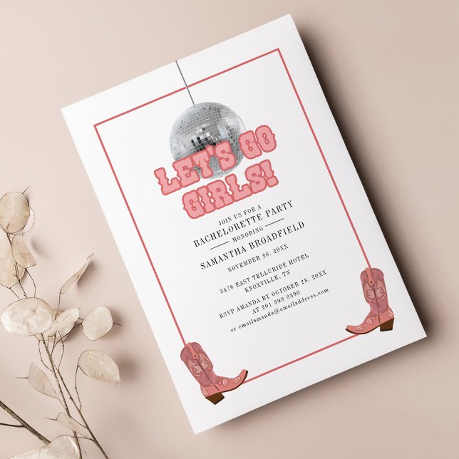 Laat ons meiden naar Disco Cowgirl Bachelorette (Disco Cowgirl Retro Bachelorette Invitation)