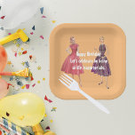 Laat ons ongeschikte Funny Retro Birthday Square z Papieren Bordje<br><div class="desc">Het grappige retro-design kenmerkt twee vrouwen uit de jaren 50 op oranje achtergrond met witte "Happy Birthday". Laten we het vieren door oneigenlijke" aanpasbare tekst te zijn.</div>