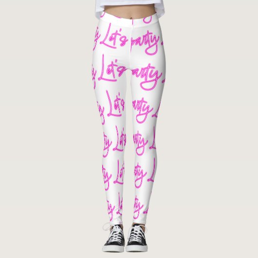Laat partij heet roze neon script patroon wit leggings (Voorkant)