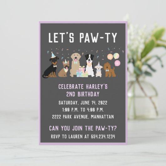 Laat Pawty Birthday Party-honden Kaart (Staand voorkant)