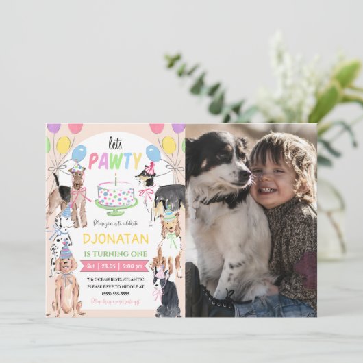 Laat Pawty Dog First Birthday Invitation Card Kaart (Staand voorkant)