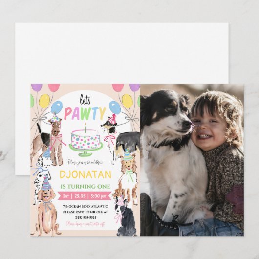 Laat Pawty Dog First Birthday Invitation Card Kaart (Voorkant / Achterkant)
