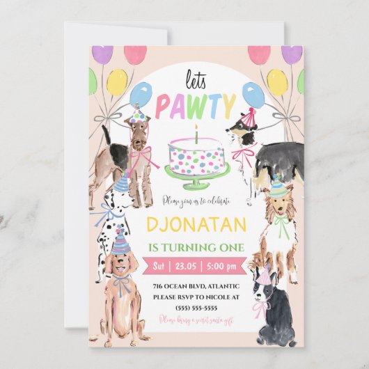 Laat Pawty Dog First Birthday Invitation Card Kaart (Voorkant)