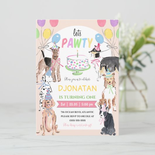 Laat Pawty Dog First Birthday Invitation Card Kaart (Staand voorkant)