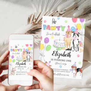 Laat Pawty Dog First Birthday Invitation Card Kaart