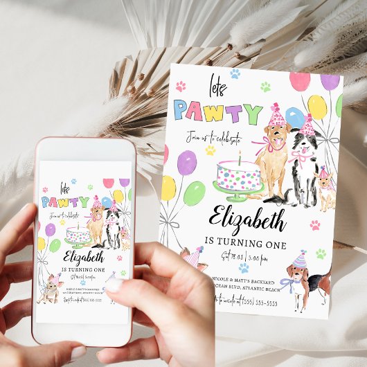 Laat Pawty Dog First Birthday Invitation Card Kaart