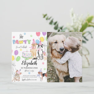 Laat Pawty Dog First Birthday Invitation Card Kaart