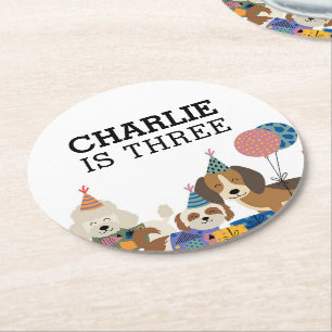 Laat Pawty Dog Puppy Birthday Party Ronde Kartonnen Onderzetter