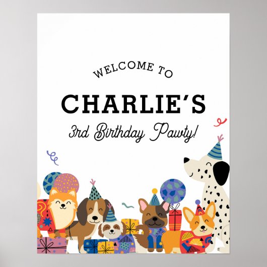 Laat Pawty Dog Puppy Birthday Welkom Poster (Voorkant)