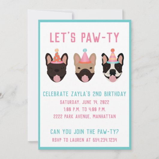 Laat Pawty French Bulldog Party Petten Kaart (Voorkant)