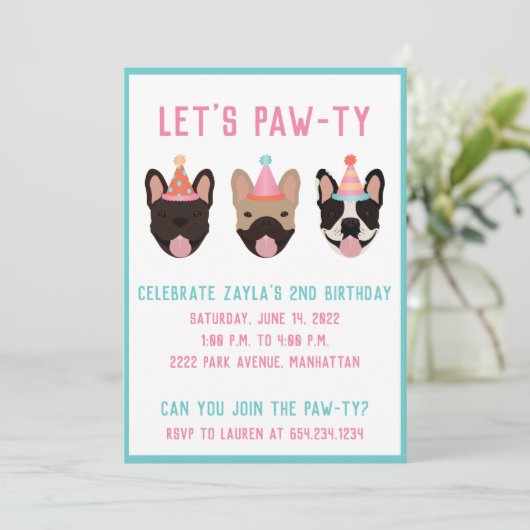 Laat Pawty French Bulldog Party Petten Kaart (Staand voorkant)
