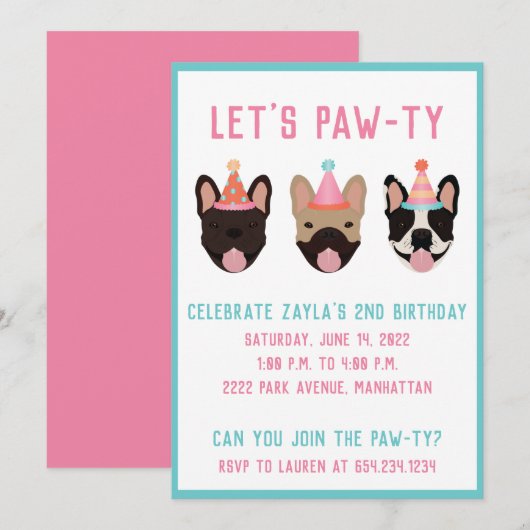 Laat Pawty French Bulldog Party Petten Kaart (Voorkant / Achterkant)