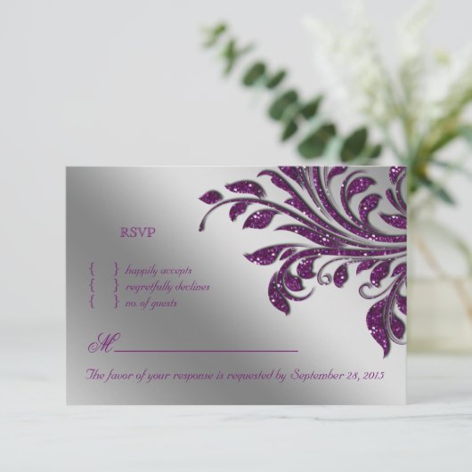 Laat RSVP Wedding Reply Card Paarse Sparkle achter Kaartje (Staand voorkant)