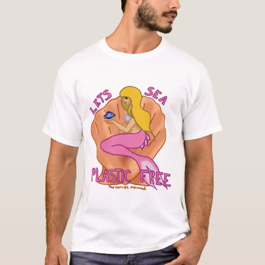 Laat zee plastic vrij! Roze zeemeermin T-shirt (Voorkant)