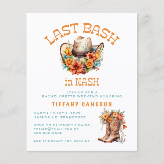 Laatste Bash Nash Cowgirl Afscheidsparty Budget Flyer (Voorkant)