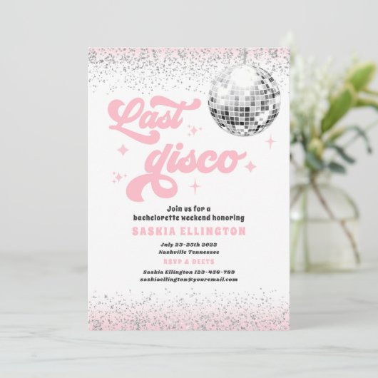 Laatste Disco Blush Pink Bachelorette Weekend Kaart (Staand voorkant)