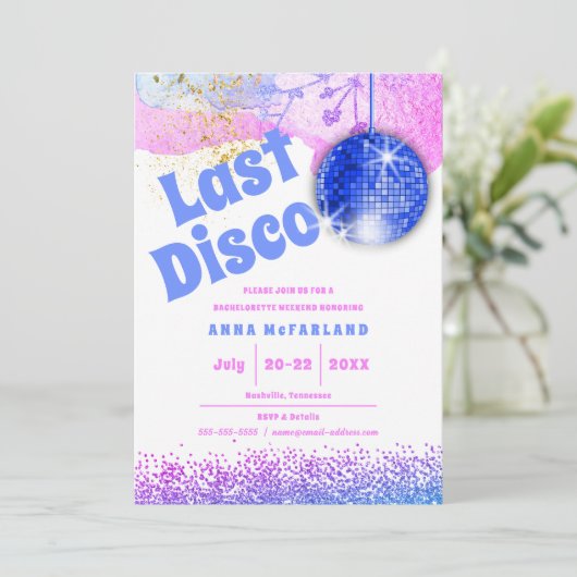 Laatste Disco Glam Retro Blue Pink Bachelorette Kaart (Staand voorkant)