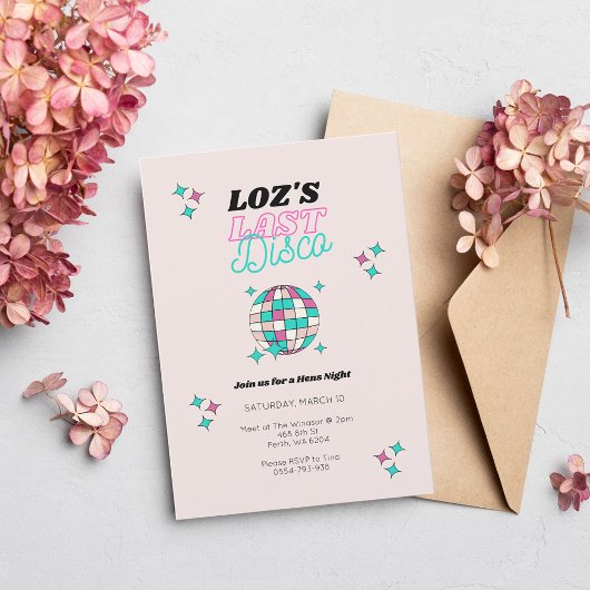 Laatste Disco Neon Pink Hens Party uitnodiging