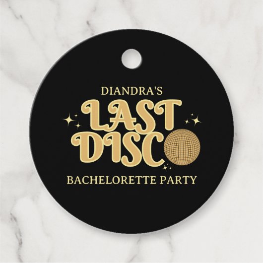 Laatste Disco Retro Black en Gold 70s Bachelorette Bedankjes Labels (Voorkant)