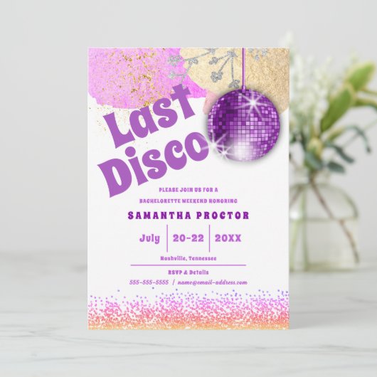 Laatste Disco Retro Glam Paars Gold Bachelorette Kaart (Staand voorkant)