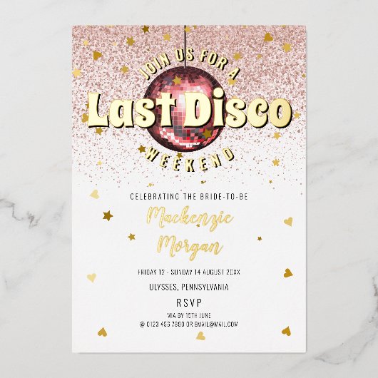 Laatste Disco Weekend Bachelorette Feest Folie Uitnodiging (Voorkant)