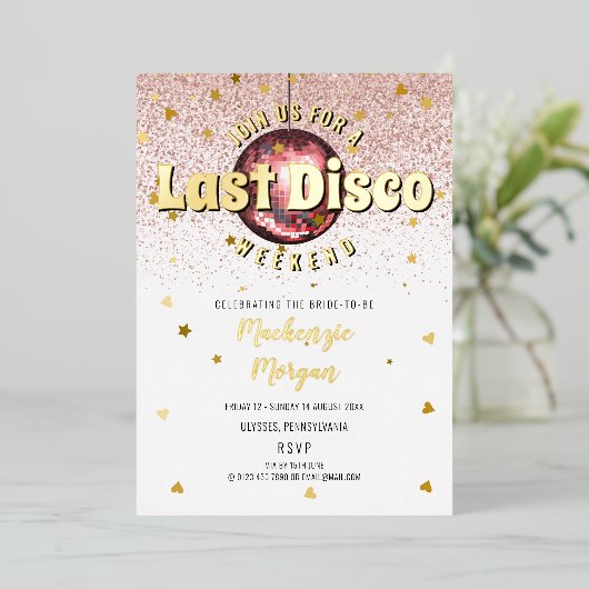 Laatste Disco Weekend Meidenavondfeest Folie Uitnodiging (Staand Voorkant)