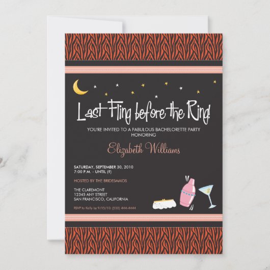 Laatste Fling Zebra Bachelorette Invitation (oranj Kaart (Voorkant)
