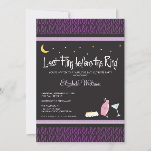Laatste Fling Zebra Bachelorette Invitation (paars Kaart (Voorkant)