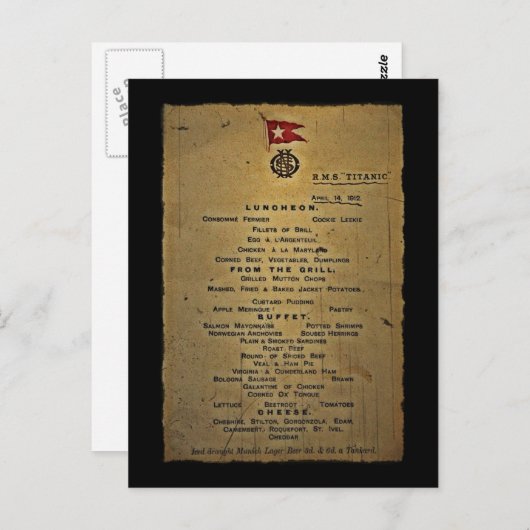 Laatste menu RMS Titanic (Voorkant / Achterkant)